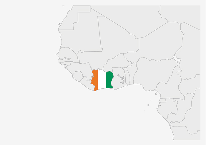 Kartbild över västra Afrika med Elfenbenskusten och dess flagga
