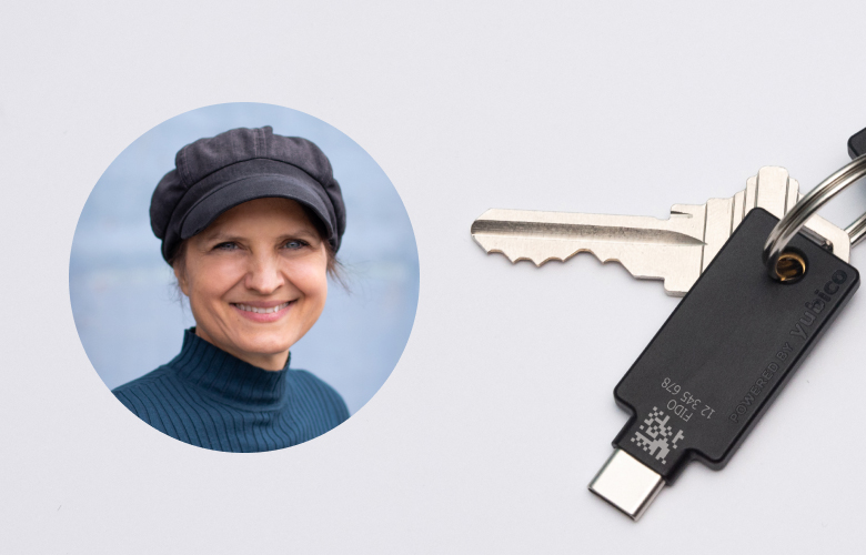 En inklippt bild på Stina Ehrenswärd över en säkerhetsnyckel.