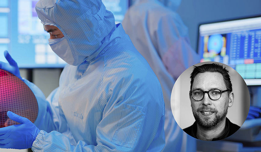 Kollage med bild från ett lab med en inklippt bild på Mikael Hilmersson.