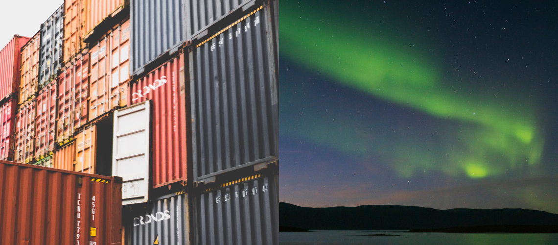 Collage med en bild på containrar och en bild på norrsken.