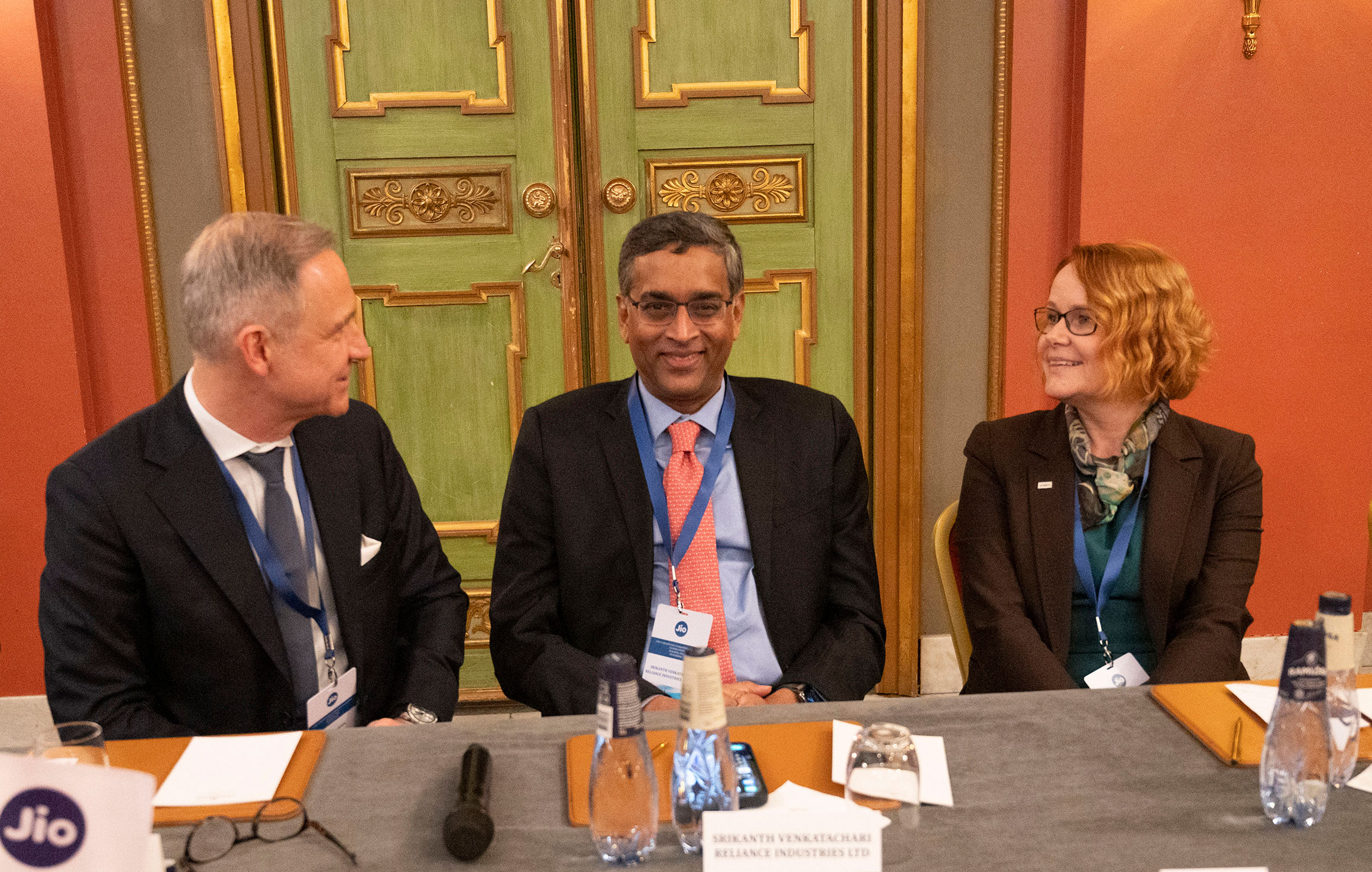 Carl Melander, Ericsson; Srikanth Venkatachari, Reliance Industries Limited, and Anna-Karin Jatko, EKN during the signing ceremony of the Reliance Jio 5G deal in Stockholm.