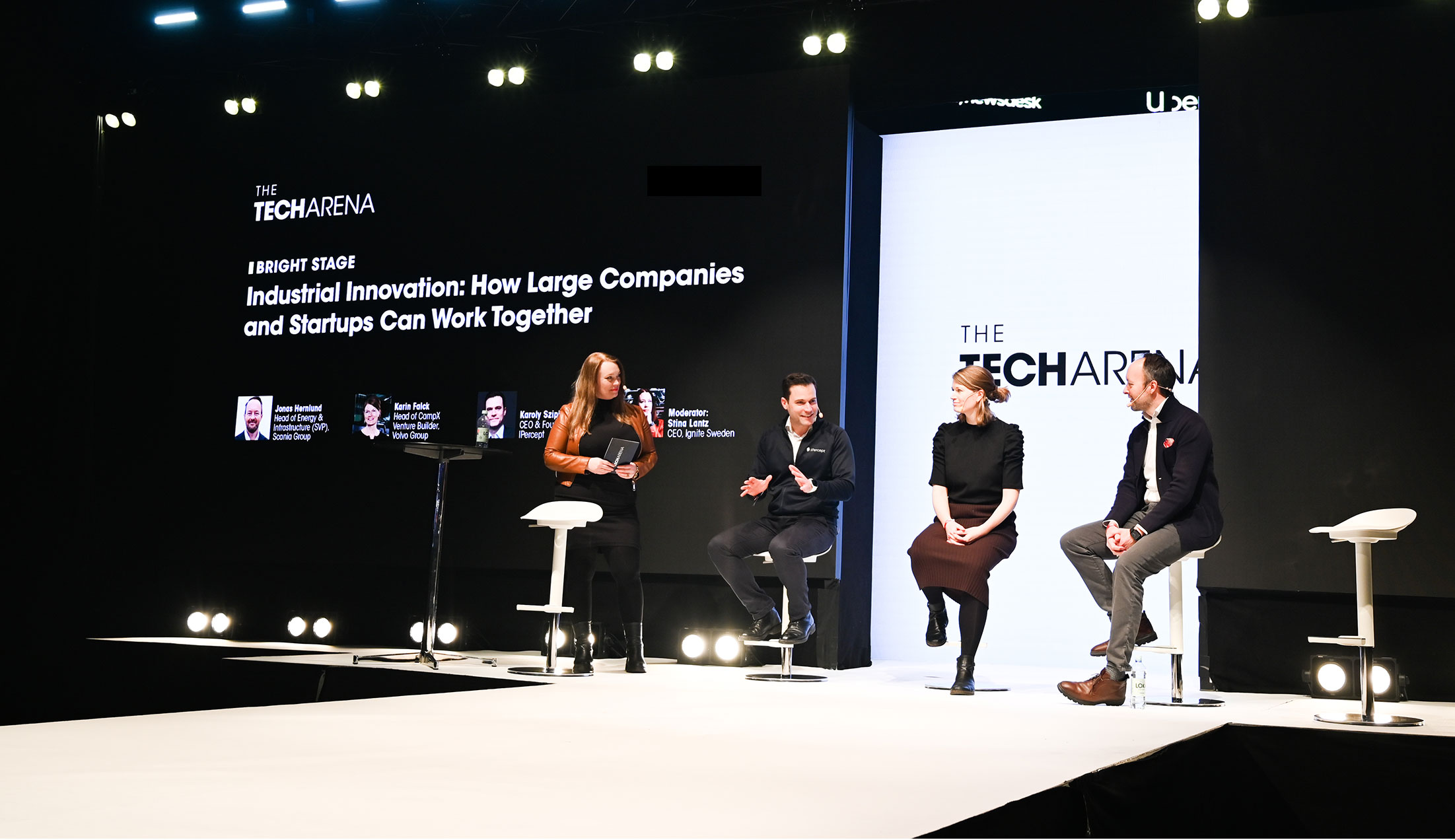 The stage at Techarenan, from left to right: Stina Lantz, Karoly Szipka, Karin Falck, and Jonas Hernlund.