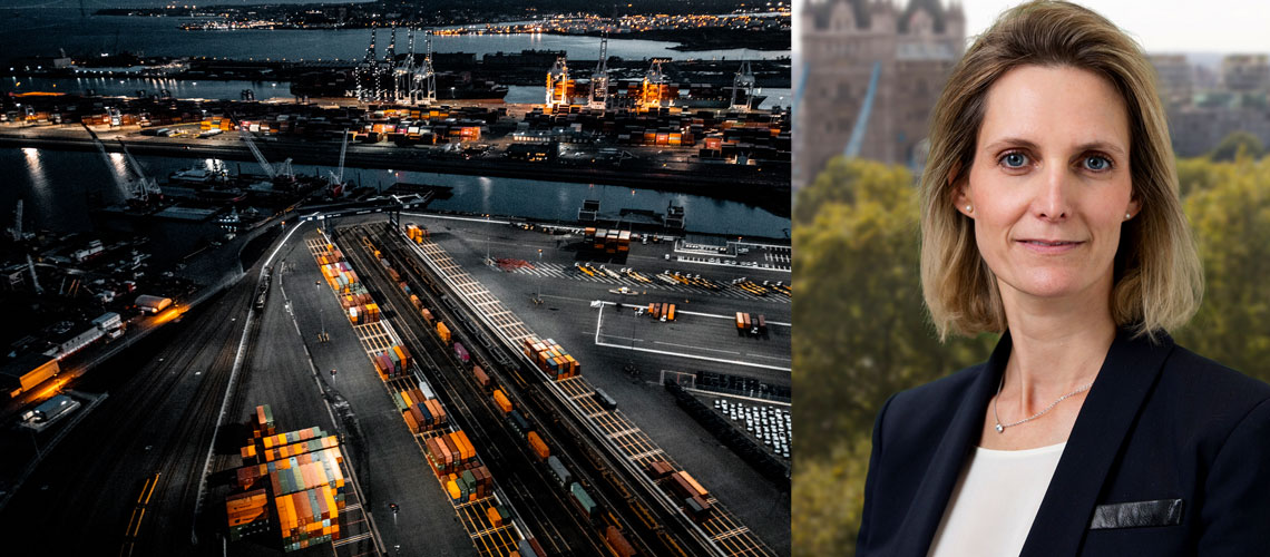 A collage with a port at night and a portrait of Cécile Camilli