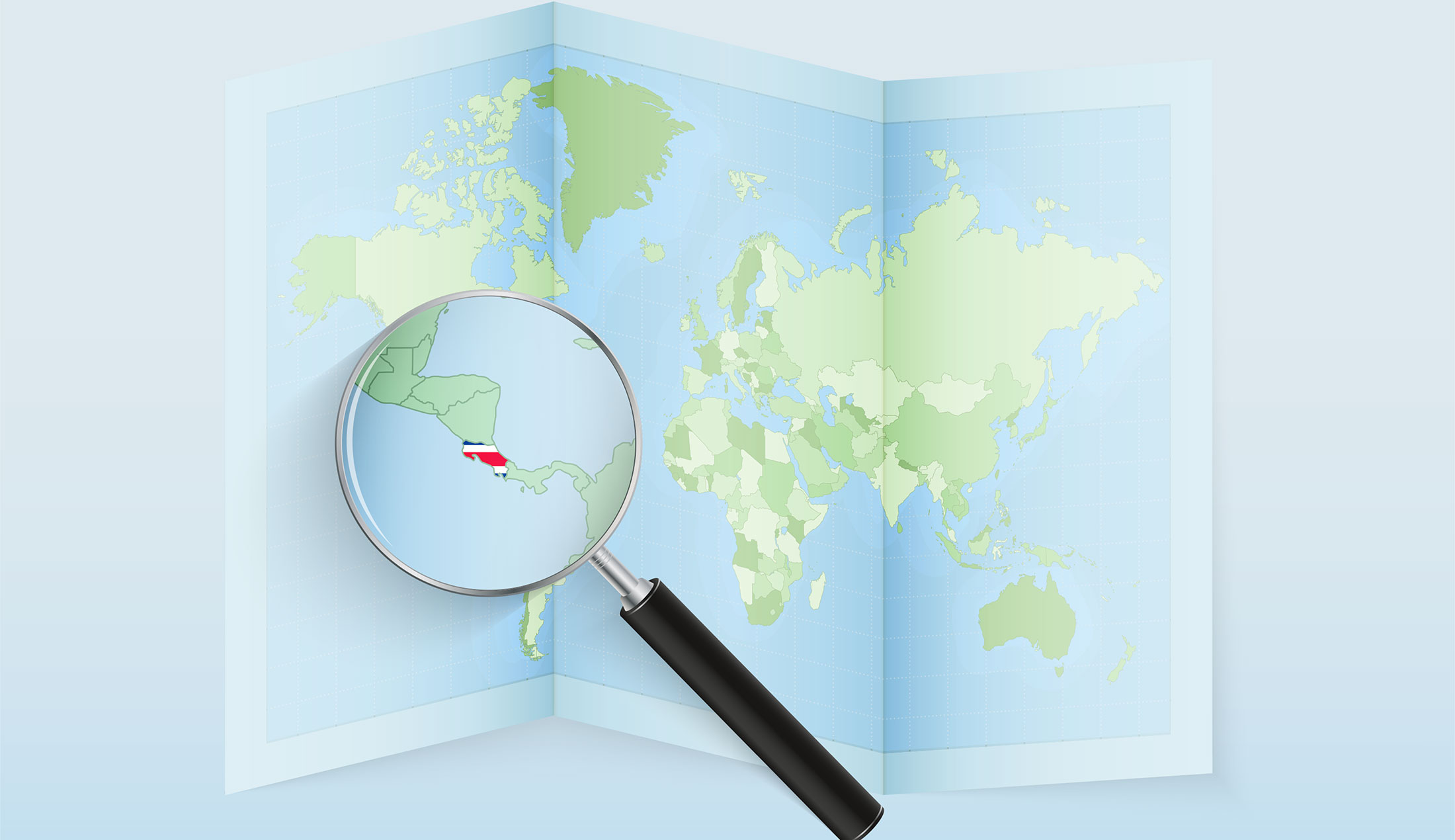 Map where Costa Rica is marked with a flag under a magnifying glass.